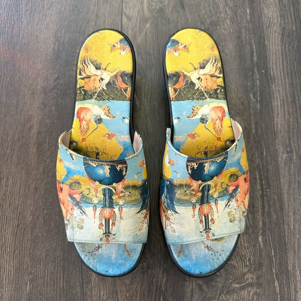 Vtg ICON Art Leather Slide Sandals Hieronymus Bosch Garden Earthly Delights 9.5